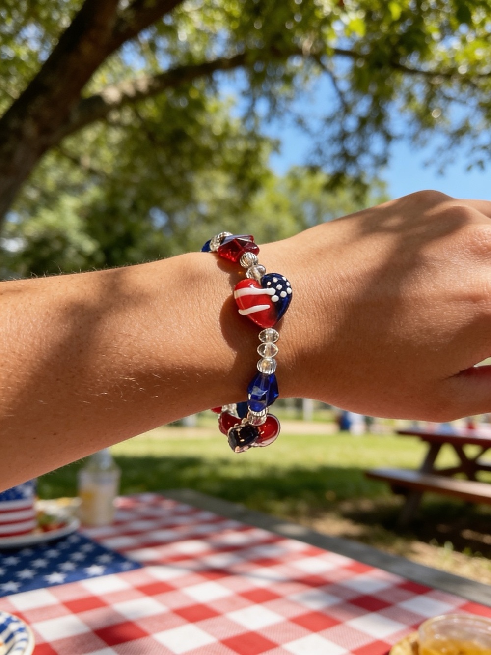 Patriotic Red & Blue Heart and Star Beaded Bracelet